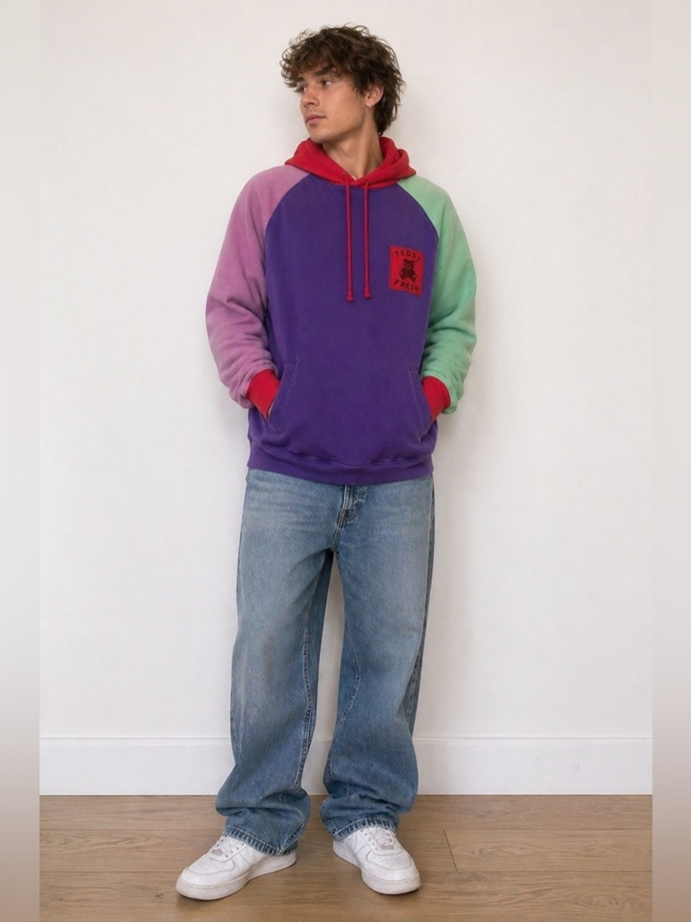 Teddy Fresh Colorblock Hoodie Purple Red Green Pink Size M